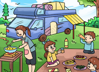 一家人在野炊旅游插画插画