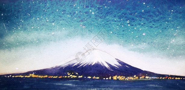 日本横滨夜景高清富士山夜幕治愈插画插画