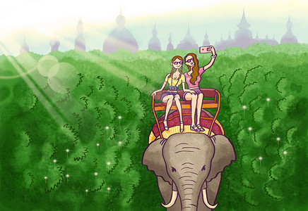 泰国女孩美女在泰国旅游骑大象自拍插画