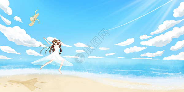 海边长裙夏天去海边旅行的女孩插画