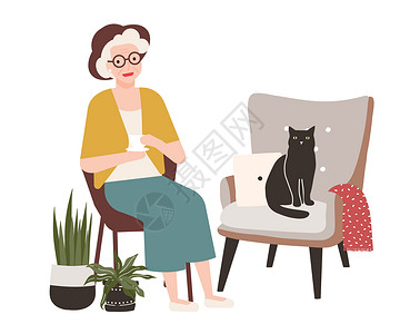 猫坐着温馨老人生活场景插画