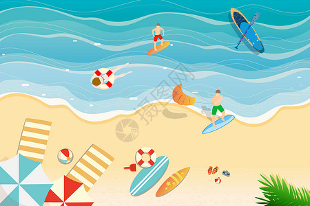 游泳的美女暑假海边度假插画