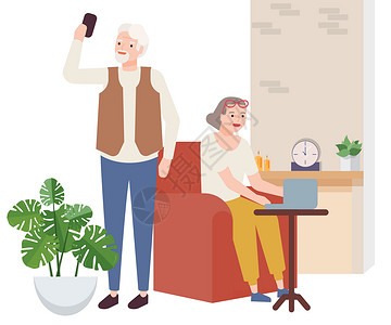 男人在玩电脑温馨老人生活场景插画