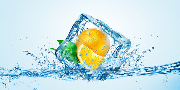 夏日水果果盘冰块里的橙子设计图片