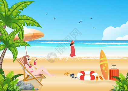 坐在海滩人海边度假插画