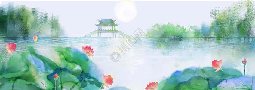 杭州西湖中国风荷花金景色插画