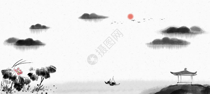山水中国风背景划船高清图片素材