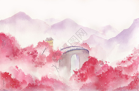 中国风水彩小景手绘风景插画