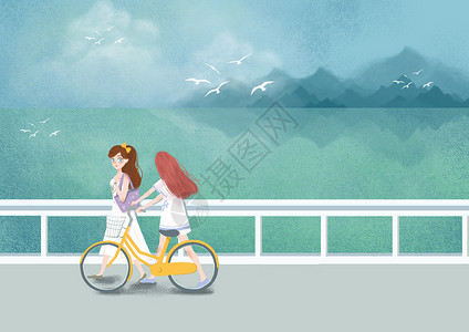 白木板背景海边漫步的女孩插画