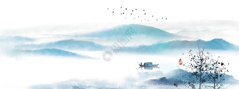 水彩图片中国风水墨山水插画