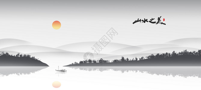 山水中国风水墨画背景划船高清图片素材