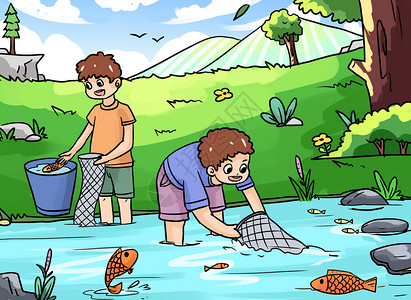 捕鱼的男孩回忆童年插画