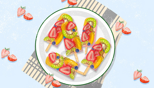 吃冰棍的男孩夏日草莓冰棍插画