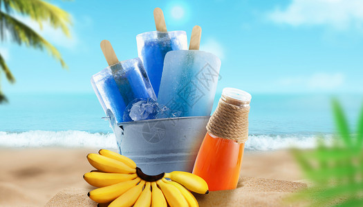 夏日水果冰棍夏季清凉沙滩场景设计图片