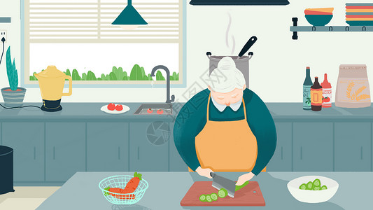 砧板背景手绘厨房中的老奶奶插画