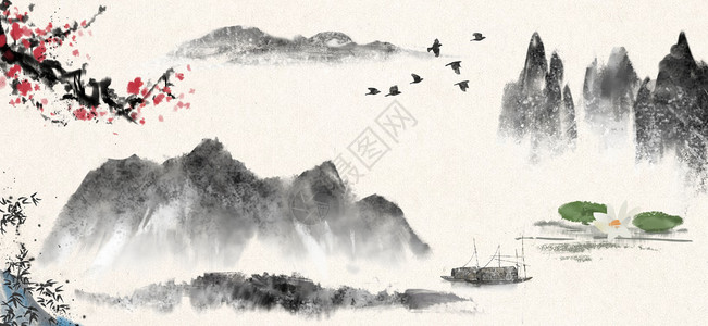 朝阳云海中国风水墨山水画插画