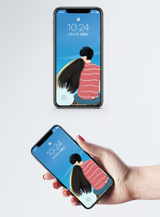 韩系情侣相互依靠的情侣手机壁纸模板