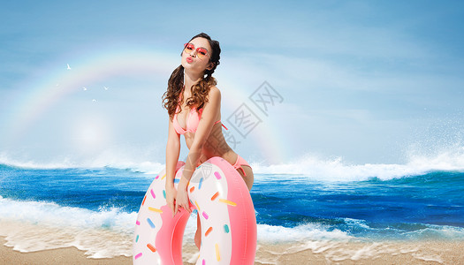穿粉色比基尼的可爱女生海边泳圈美女设计图片