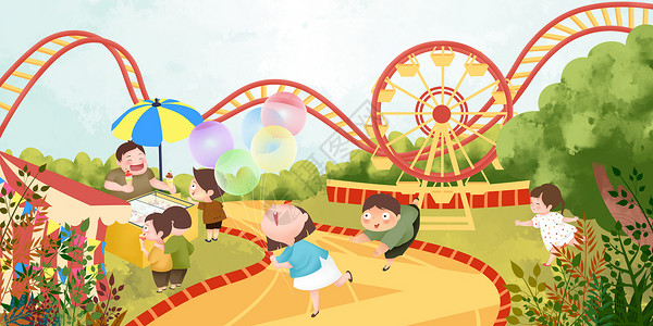 夏天树木暑假儿童欢乐游乐园插画