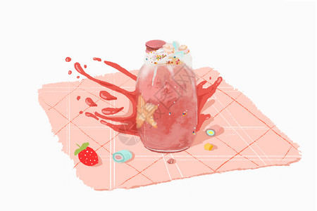 冰沙草莓手绘插画饮料插画