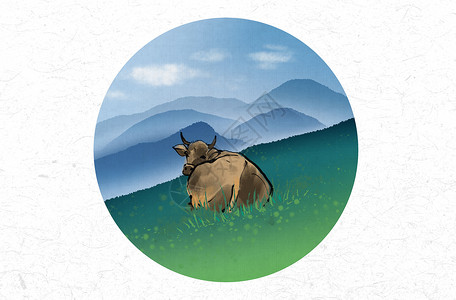 草地美术素材牛中国风水墨画插画