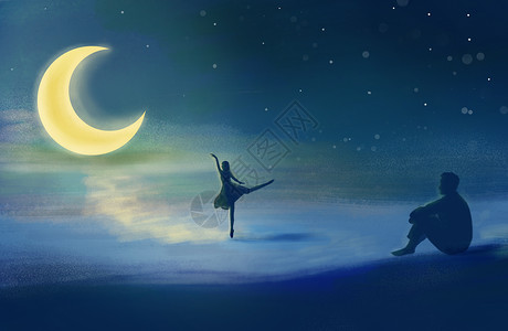 朦胧夜景月光下的舞者插画
