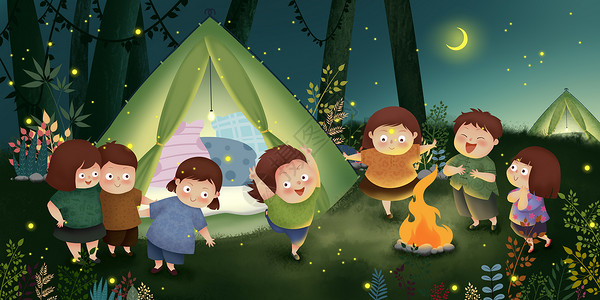 树林人夏令营——与朋友们一起度过的快乐时光插画