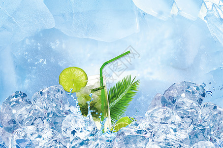 柠檬冰块夏日清爽饮料背景设计图片