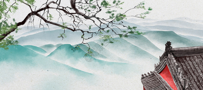 参天大树和小树中国风水墨古建筑背景插画