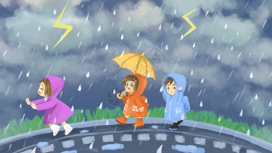 雨伞女孩夏季暴雨插画
