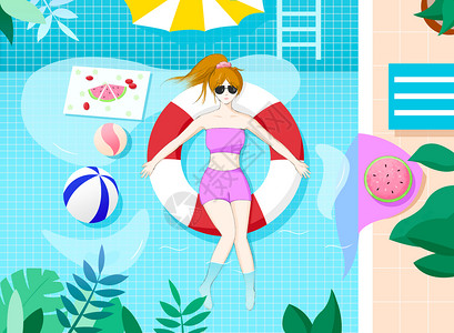 西瓜照片夏天泳池插画