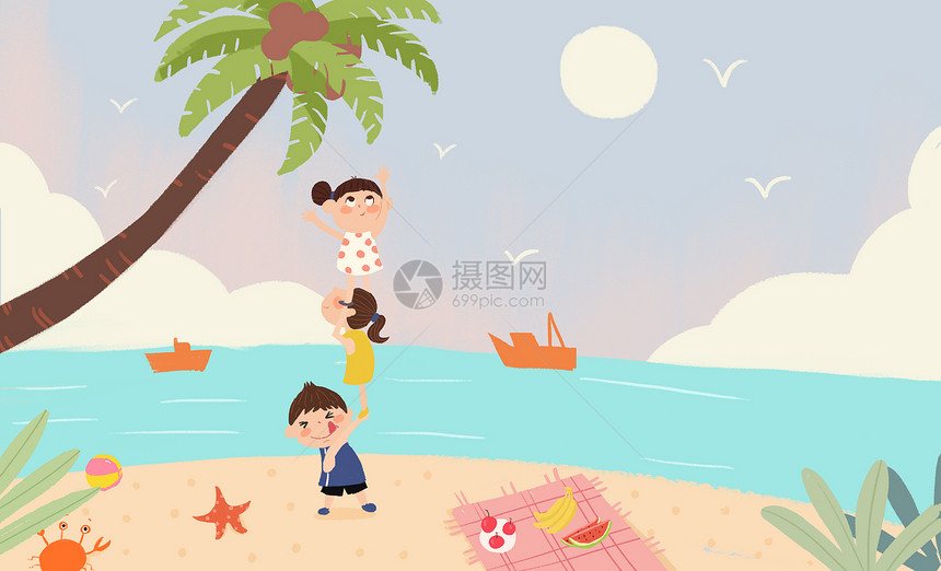 夏日儿童海边插画图片