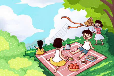 鹿回头山顶公园山顶野餐的一家人插画