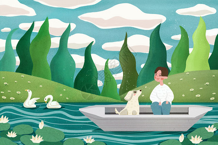 天鹅船男孩与狗的旅行插画