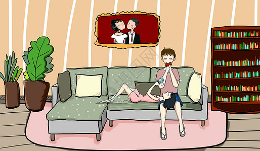 夫妻坐在沙发上情侣家居生活插画