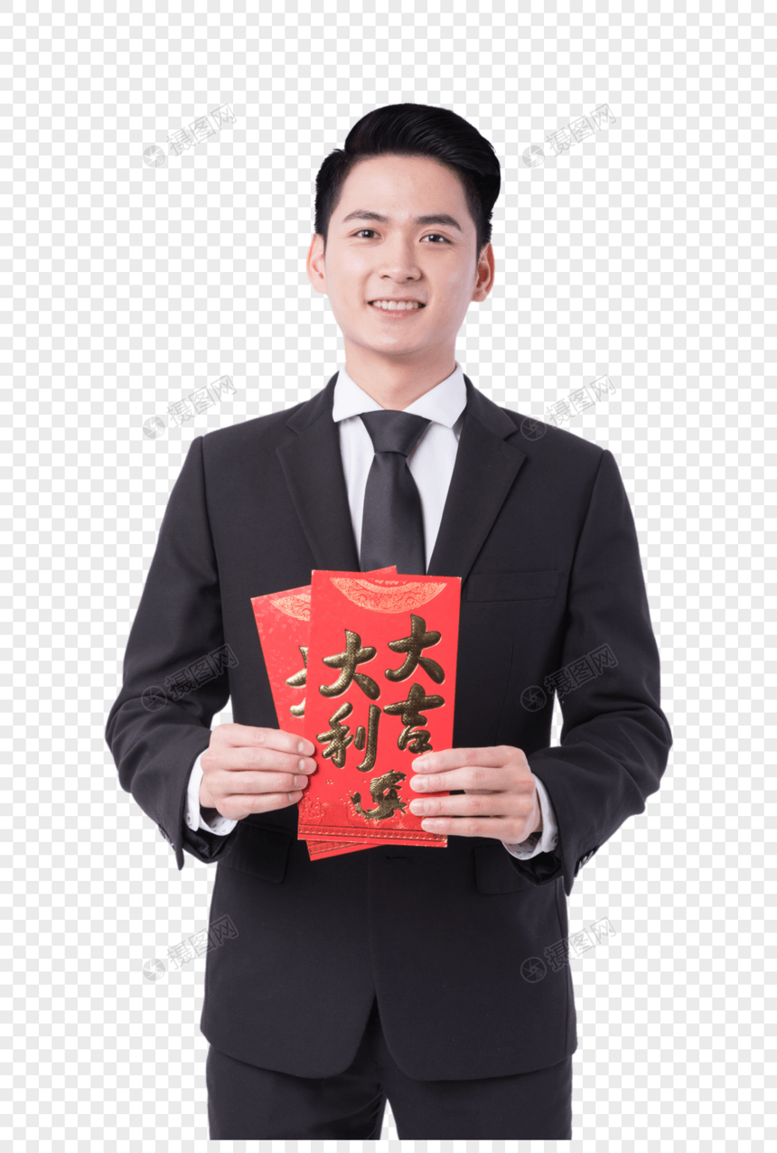 手拿红包的新年男性人像图片