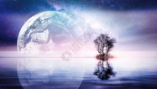 波光粼粼湖面梦幻星球场景设计图片