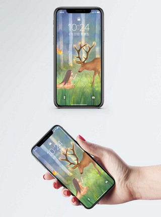 抱着小鹿女孩动物手机壁纸模板