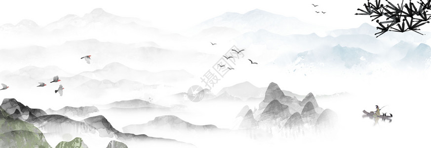 黑白抽象背景中国风水墨山水画插画