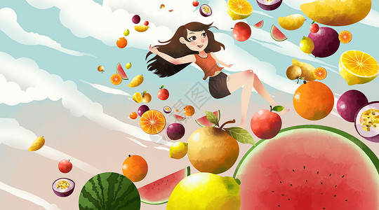 拿西瓜的少女水果乐插画
