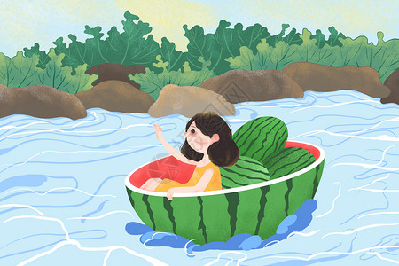 海水里带着西瓜去玩耍插画