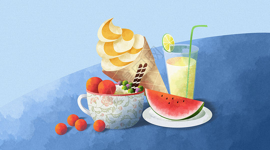 甜品和饮料冰凉夏日插画