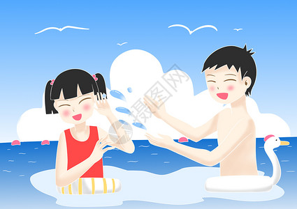 天鹅戏水暑期游泳插画