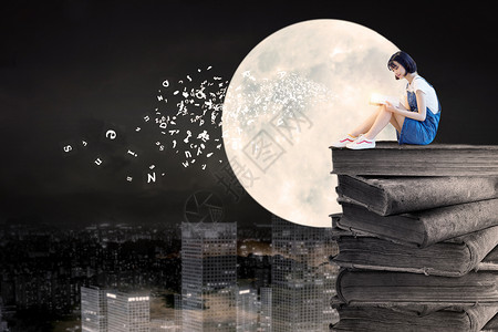 月光下看书的女孩高清图片