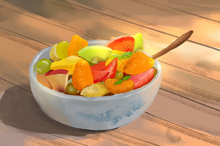 木桌面水果沙拉插画