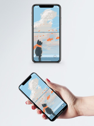 鱼手绘素材猫与鱼手机壁纸模板