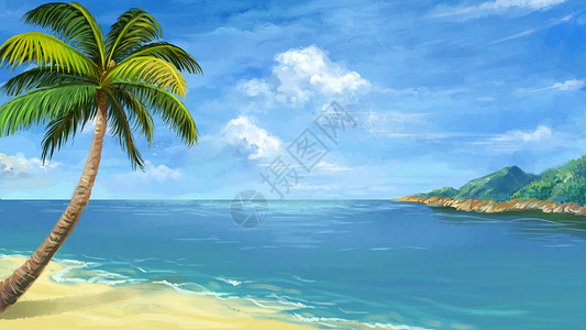 手绘椰树林夏日海边插画