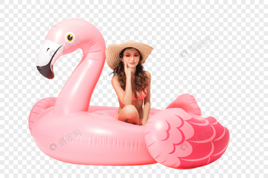 粉色比基尼的可爱美女坐在火烈鸟游泳圈图片