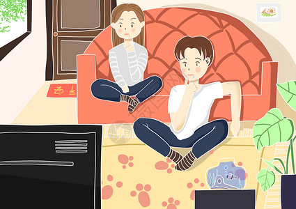 靠着沙发的情侣情侣看电视插画
