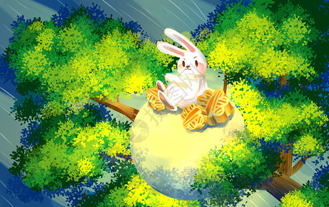 原创月亮上兔子中秋兔子插画